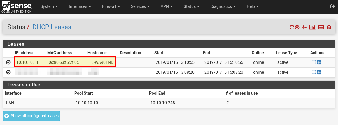 Concessões de DHCP do pfSense